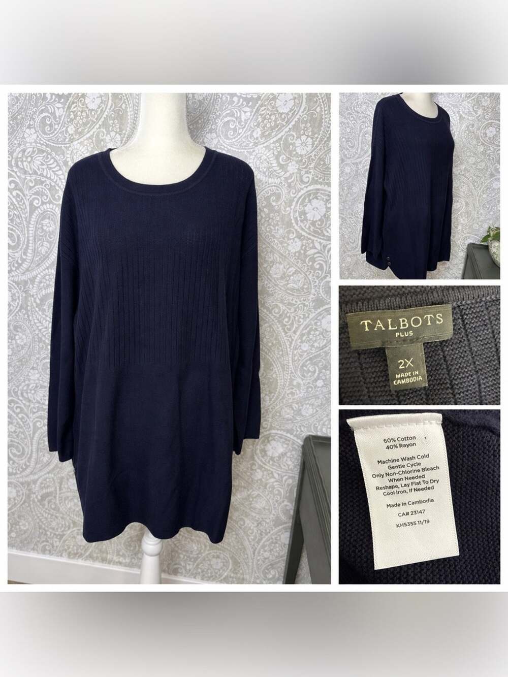 Talbots Size 2X Dark Blue Sweater Knit Top Buttons Nautical Cruise Cotton Rayon